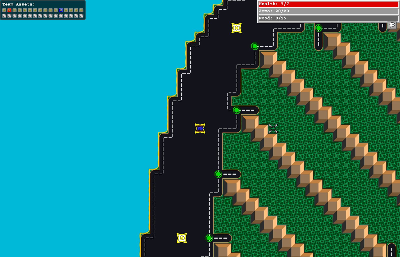 Tank War 2000 gameplay: a blue tank on a road between water and forest, with pillboxes, a wall, and the health, ammo, and wood bars